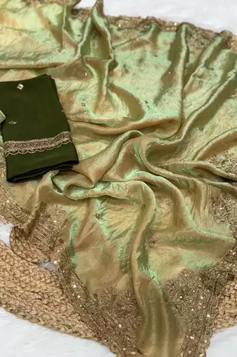 Olive Green Color Party  Dual Tone Satin Saree