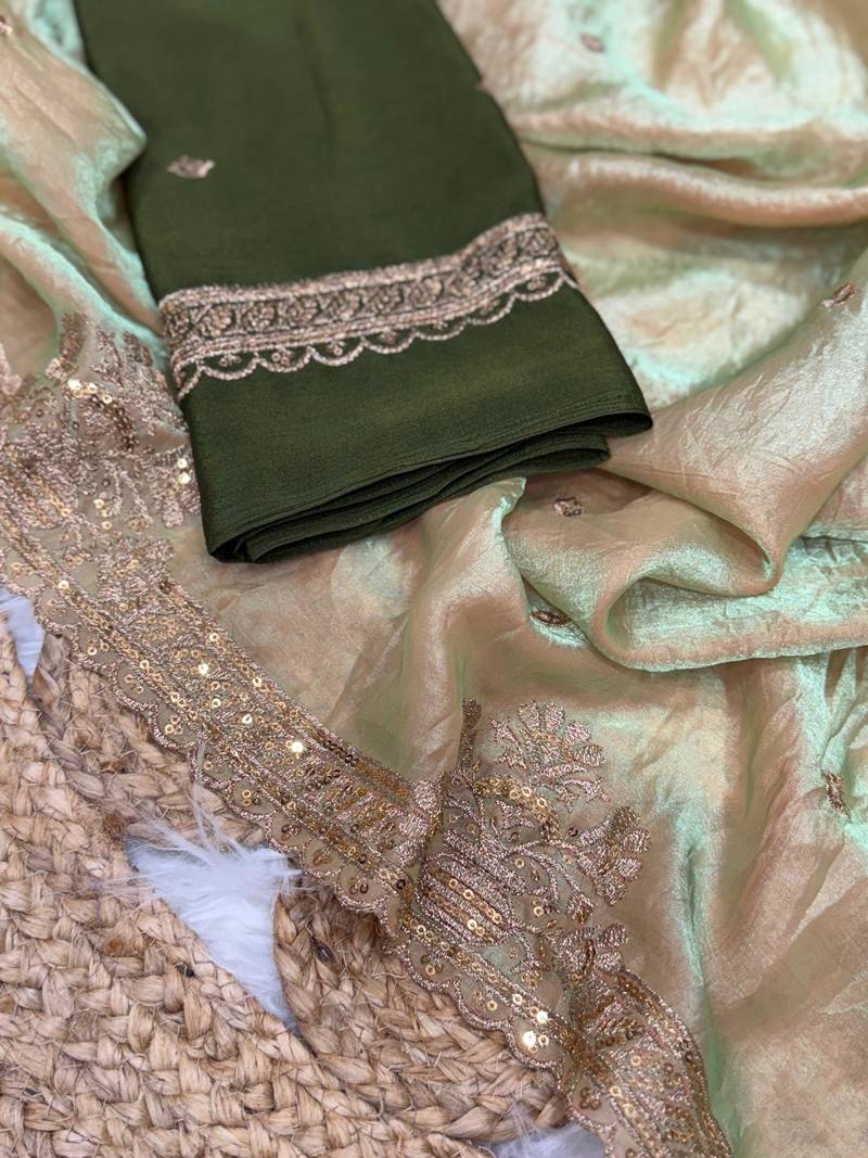 Olive Green Color Party  Dual Tone Satin Saree