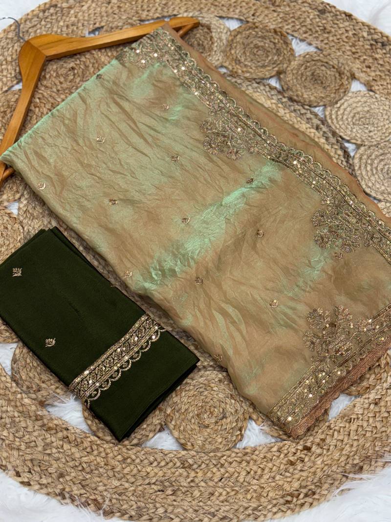 Olive Green Color Party  Dual Tone Satin Saree