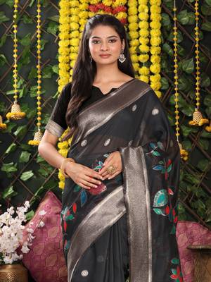 Black  printed linen cotton sarees with unsitch blouse 2