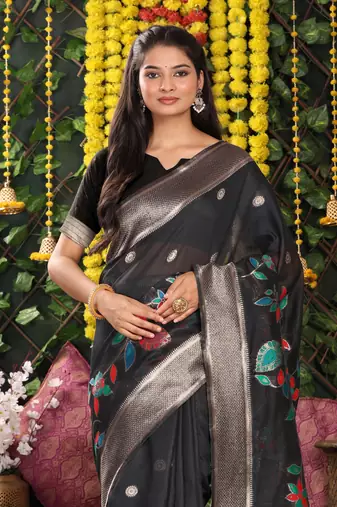 Black  printed linen cotton sarees with unsitch blouse