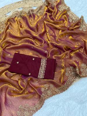Golden Orange Color Party  Dual Tone Satin Saree 1