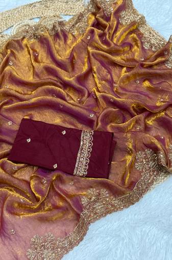Golden Orange Color Party  Dual Tone Satin Saree