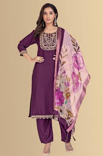 Purple color silk blend embroidred kurti pant dupatta
