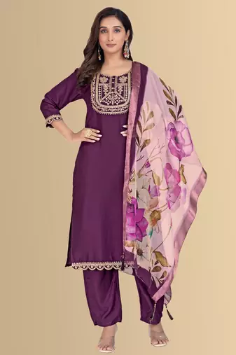 Purple color silk blend embroidred kurti pant dupatta