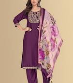 Purple color silk blend embroidred kurti pant dupatta