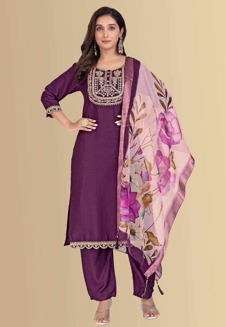Purple color silk blend embroidred kurti pant dupatta
