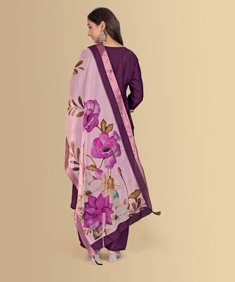 Purple color silk blend embroidred kurti pant dupatta 2