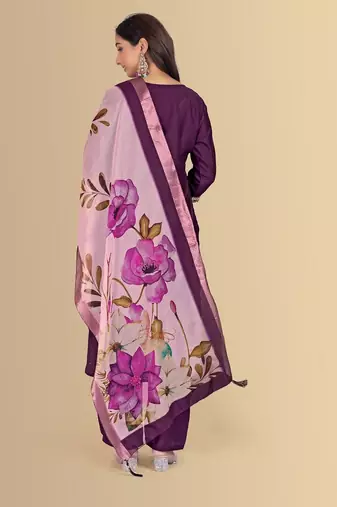 Purple color silk blend embroidred kurti pant dupatta