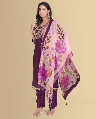 Purple color silk blend embroidred kurti pant dupatta 3