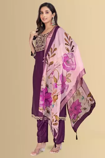 Purple color silk blend embroidred kurti pant dupatta