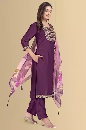Purple color silk blend embroidred kurti pant dupatta
