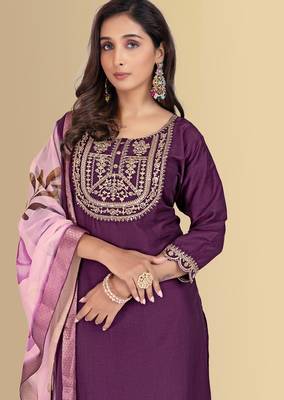 Purple color silk blend embroidred kurti pant dupatta 5