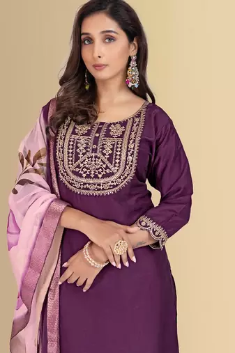 Purple color silk blend embroidred kurti pant dupatta