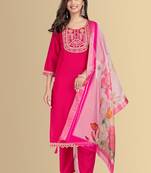 Rani color silk blend embroidred kurti pant dupatta