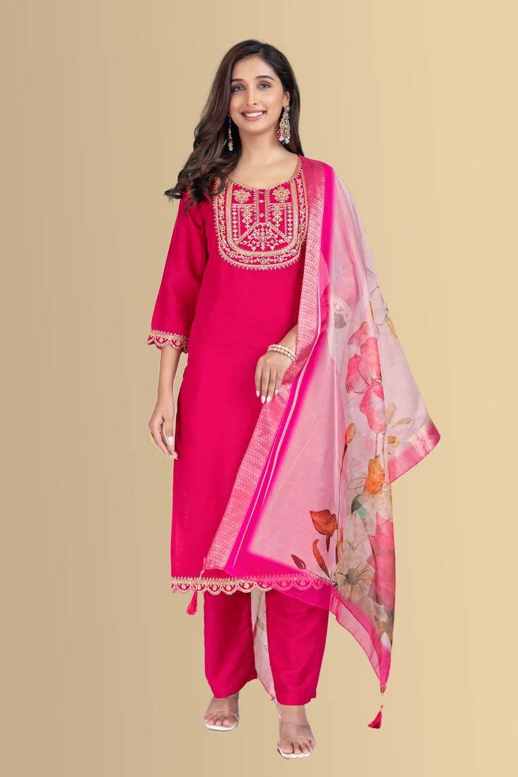 Rani color silk blend embroidred kurti pant dupatta