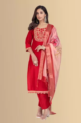Red color silk blend embroidred kurti pant dupatta