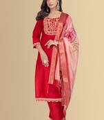 Red color silk blend embroidred kurti pant dupatta