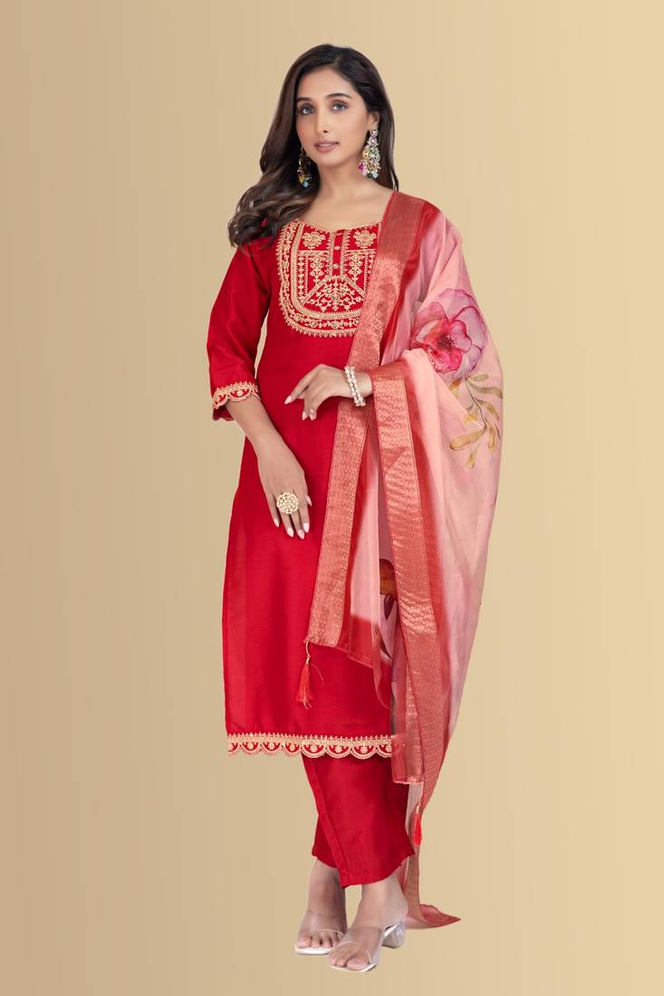 Red color silk blend embroidred kurti pant dupatta