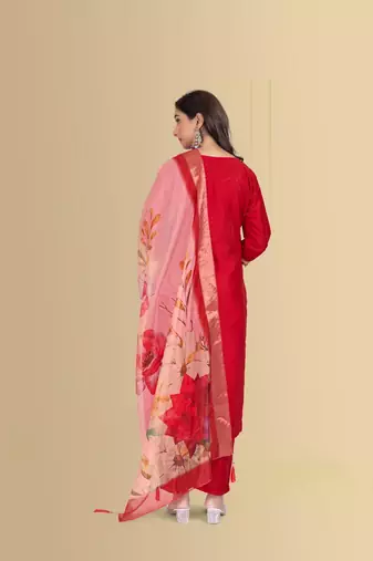 Red color silk blend embroidred kurti pant dupatta