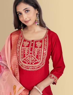 Red color silk blend embroidred kurti pant dupatta 5