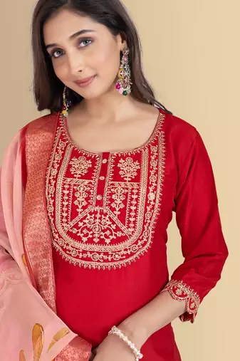 Red color silk blend embroidred kurti pant dupatta