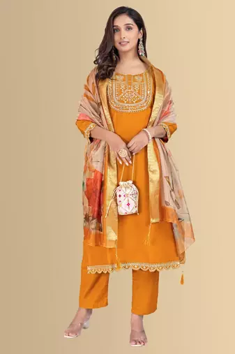 Musturd color silk blend embroidred kurti pant dupatta