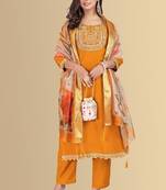 Musturd color silk blend embroidred kurti pant dupatta