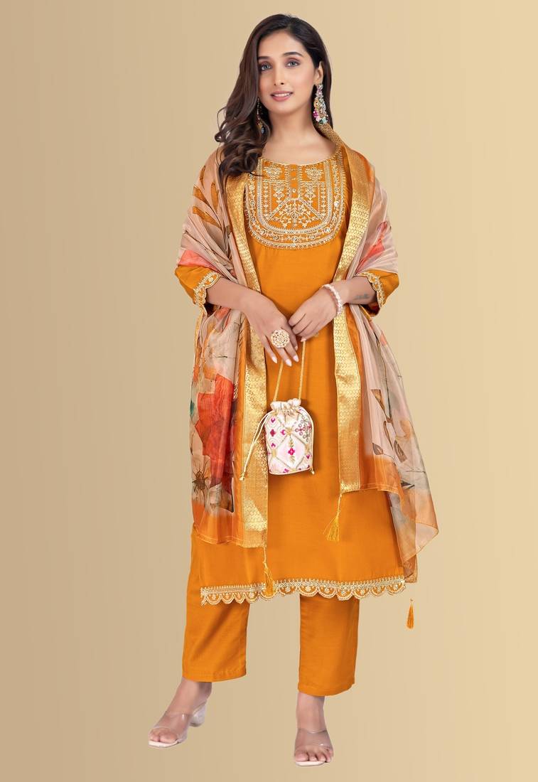 Musturd color silk blend embroidred kurti pant dupatta
