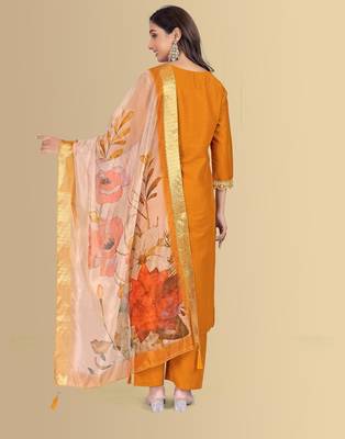Musturd color silk blend embroidred kurti pant dupatta 2