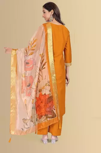 Musturd color silk blend embroidred kurti pant dupatta