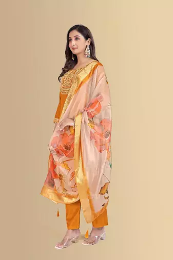 Musturd color silk blend embroidred kurti pant dupatta