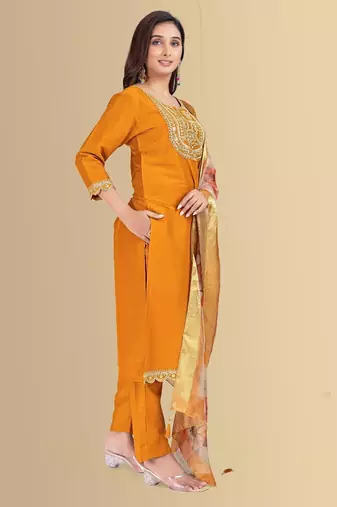 Musturd color silk blend embroidred kurti pant dupatta