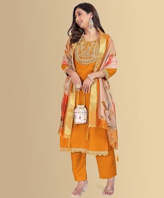 Musturd color silk blend embroidred kurti pant dupatta 5