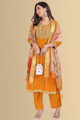 Musturd color silk blend embroidred kurti pant dupatta