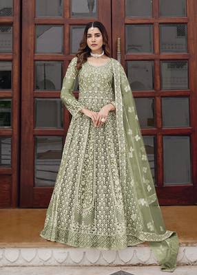 Pista green net embroidered readymade  gown 1