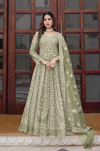 Pista green net embroidered readymade trendy gown