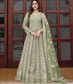Pista green net embroidered readymade trendy gown