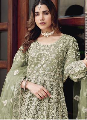 Pista green net embroidered readymade  gown 2