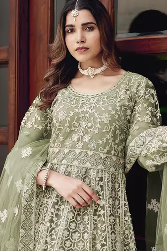 Pista green net embroidered readymade  gown