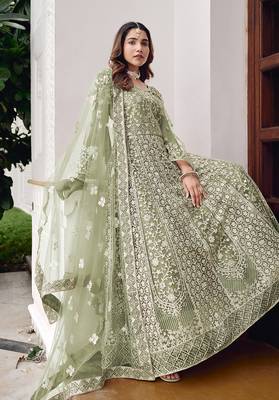 Pista green net embroidered readymade  gown 3