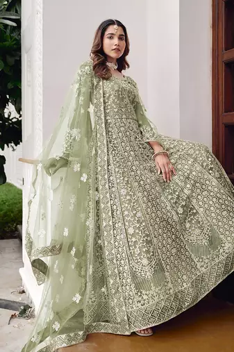 Pista green net embroidered readymade  gown