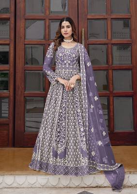 Lavender net embroidered readymade  gown 1