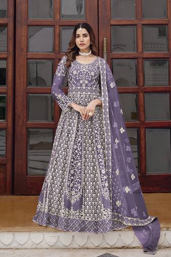 Lavender net embroidered readymade trendy gown