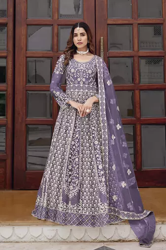 Lavender net embroidered readymade trendy gown