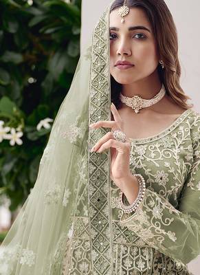 Pista green net embroidered readymade  gown 4