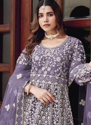 Lavender net embroidered readymade  gown 2