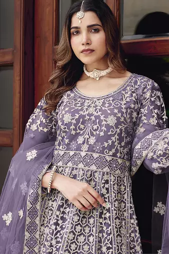 Lavender net embroidered readymade  gown