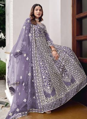 Lavender net embroidered readymade  gown 3
