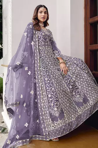 Lavender net embroidered readymade  gown